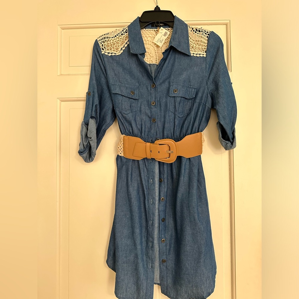 Denim Shirt Dress with Crochet Back Size Large NWT